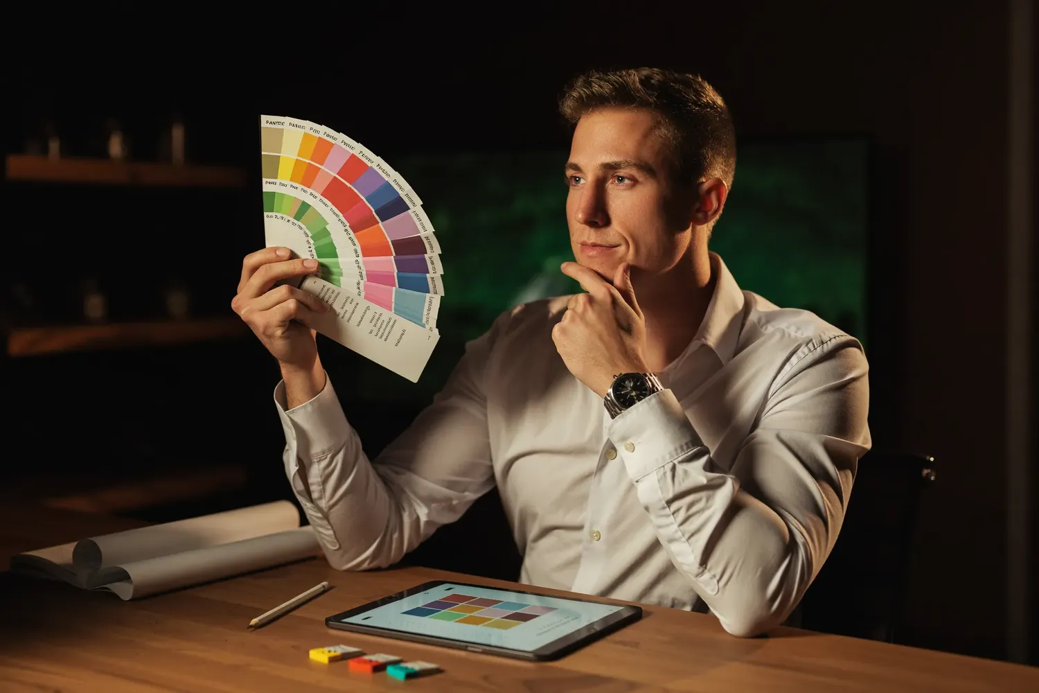 Gabriel Wolf prüft einen Farbfächer für das Design