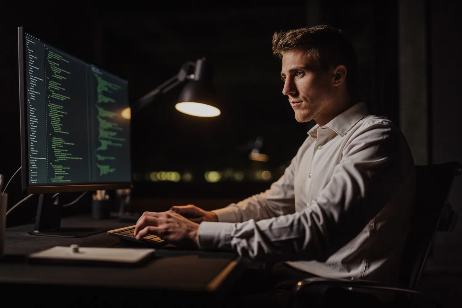 Gabriel Wolf beim Entwickeln der Website am Abend, Code auf dem Monitor