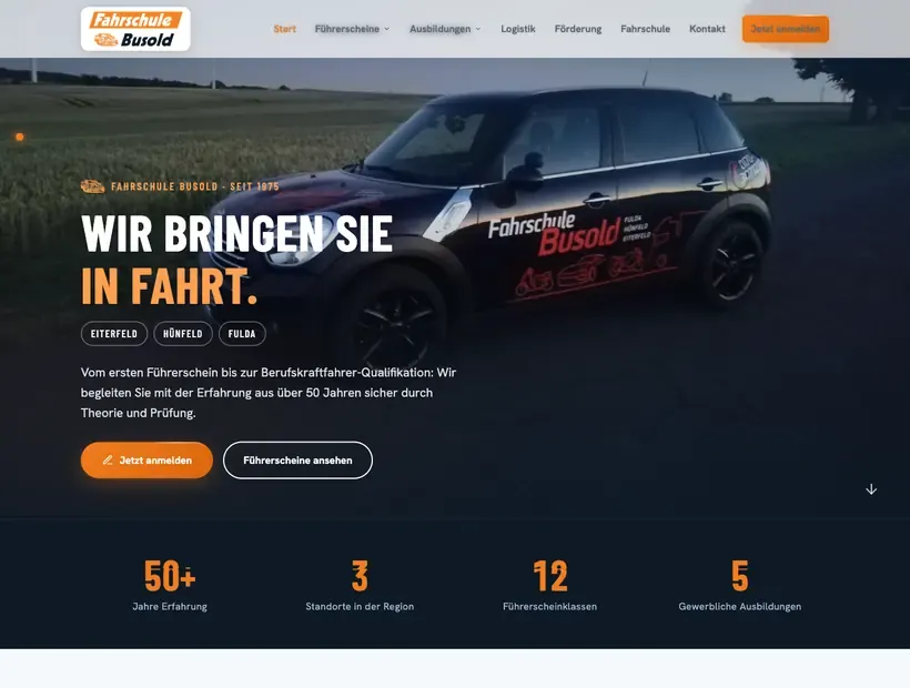 Website der Fahrschule Busold mit Standorten Eiterfeld, Fulda und Hünfeld
