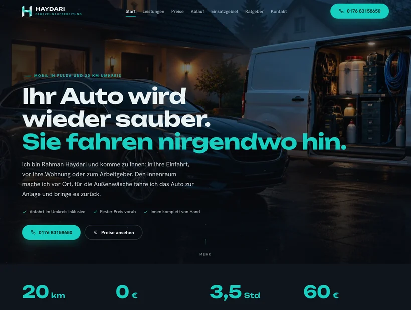 Website von Haydari Fahrzeugaufbereitung mit dem Servicefahrzeug in einer Einfahrt