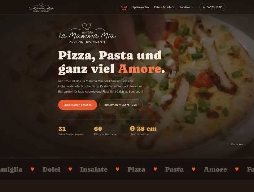 Website der Pizzeria La Mamma Mia: warmer Auftritt mit Pizza-Hero und Speisekarte