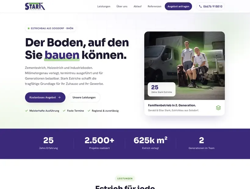 Website von Stark Estriche: heller Auftritt mit klarer Struktur und Angebots-Buttons