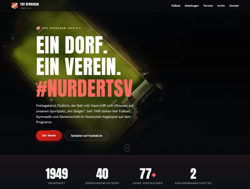 Website des TSV Ufhausen 1949: dunkler, sportlicher Auftritt mit Flutlicht-Hero