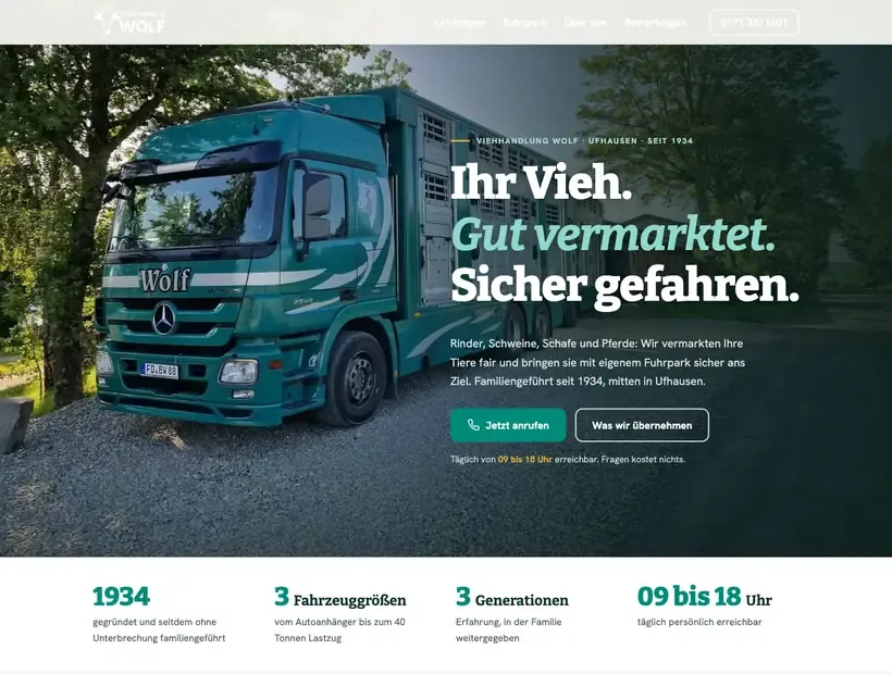 Website der Viehhandlung Bernd Wolf mit Viehtransporter im Hero