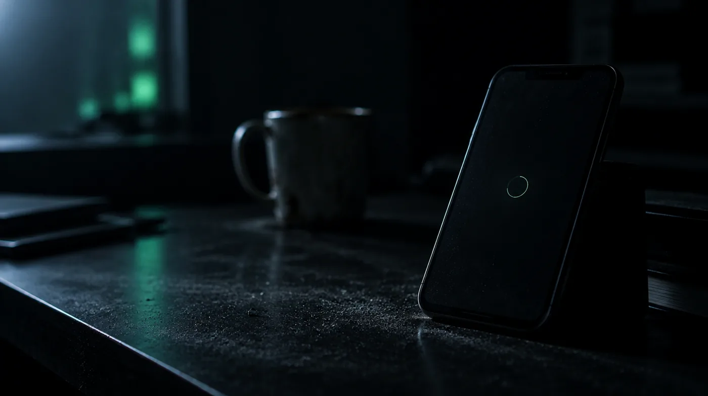 Smartphone mit fast leerem Bildschirm auf einem verstaubten Schreibtisch
