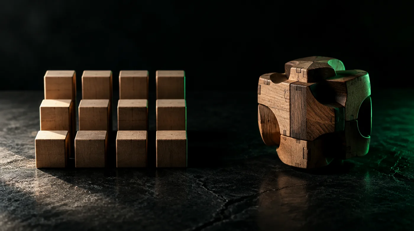 Gleichförmige Holzklötze neben einem handwerklich gefertigten Holzobjekt