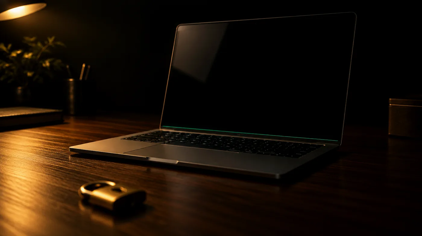 Laptop mit klarem, unverstelltem Bildschirm und einem Vorhängeschloss davor
