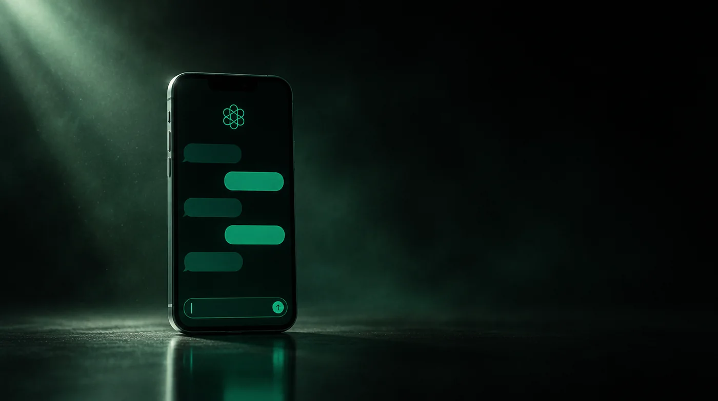 Smartphone in einem dunklen Raum, auf dem Bildschirm ein Chatverlauf mit grünen Sprechblasen, einem Eingabefeld und einem KI-Symbol