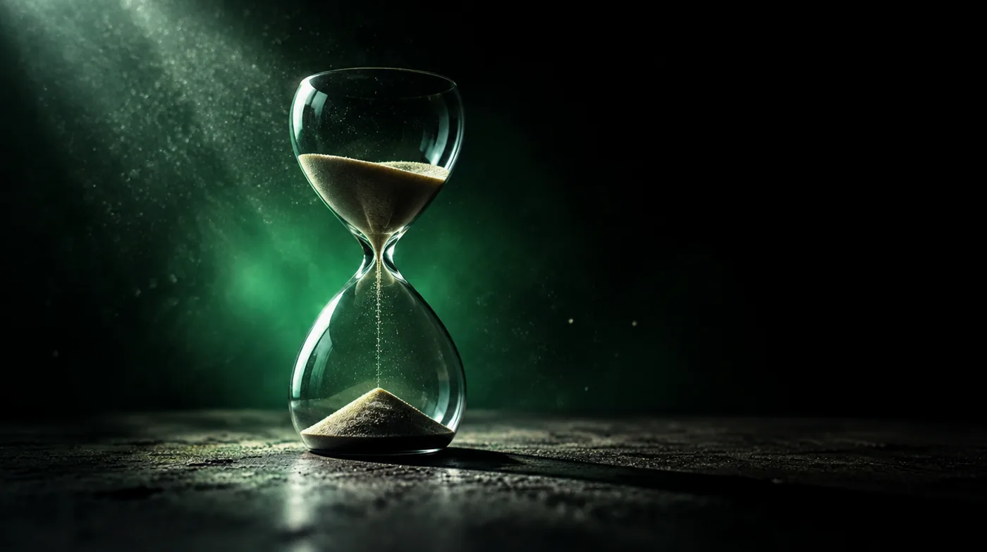 Sanduhr mit rieselndem Sand vor dunklem Hintergrund