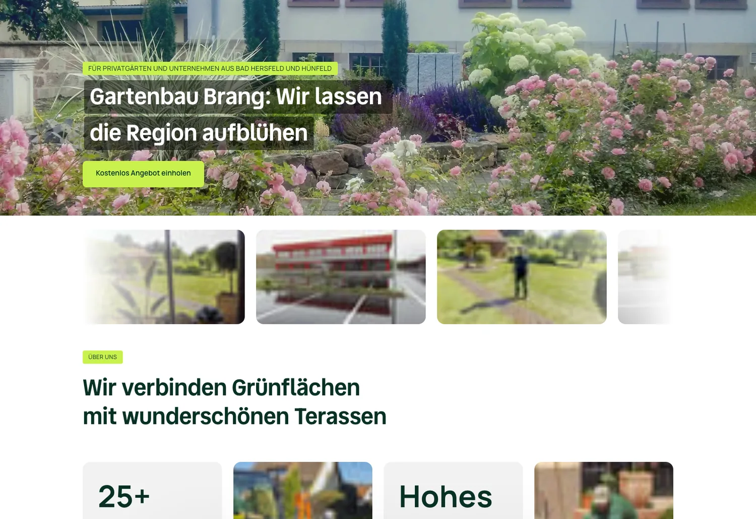 Website von Gartenbau Brang mit blühendem Garten im Hero und Projektgalerie