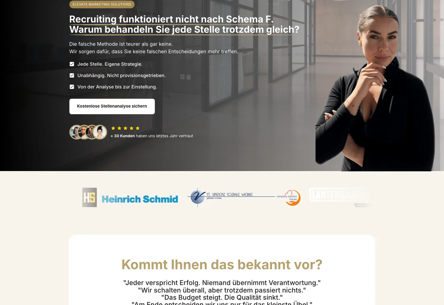 Website von Elevate Marketing Solutions: dunkler Hero mit Recruiting-Botschaft
