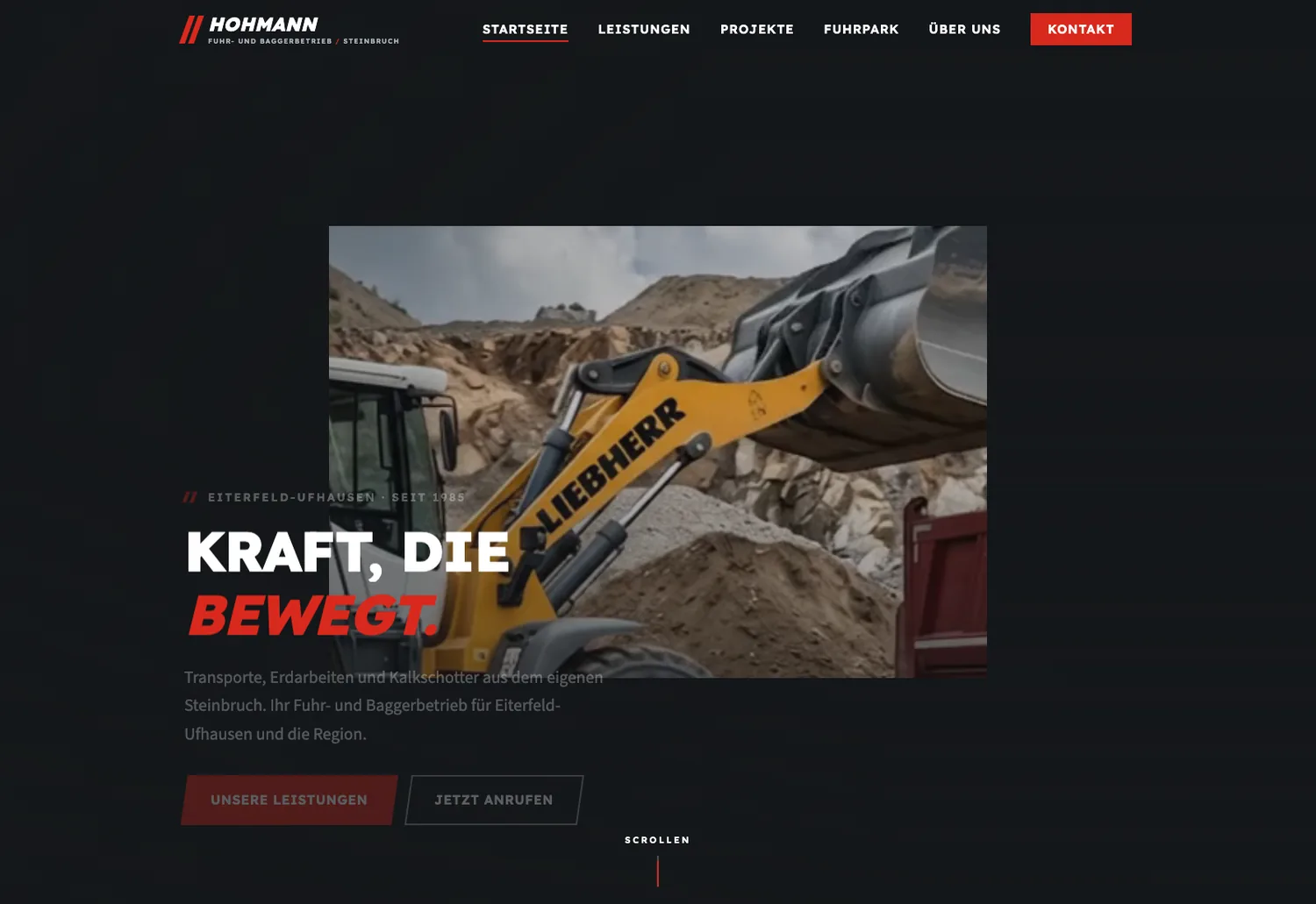 Website von Hohmann Fuhr- und Baggerbetrieb: dunkler Auftritt mit Radlader im Steinbruch