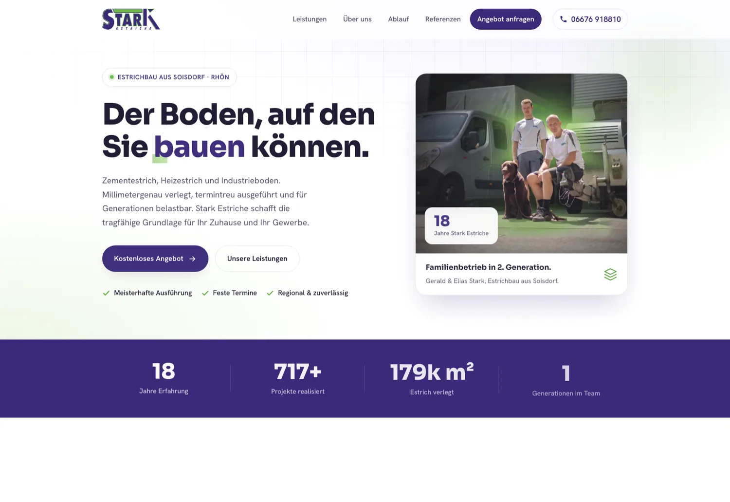 Website von Stark Estriche: heller Auftritt mit klarer Struktur und Angebots-Buttons